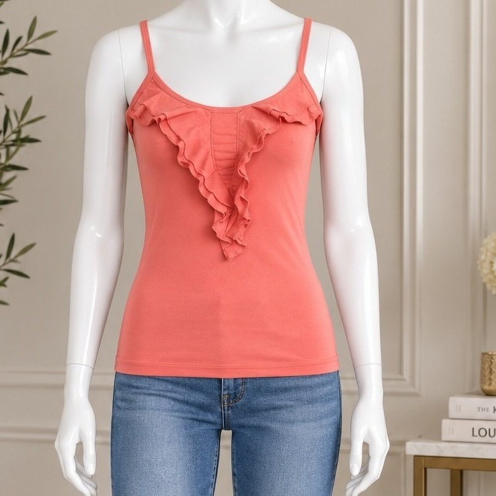 Theory Coral Pink Ruffle Front Tank Top Cotton Stretch Petite XS
